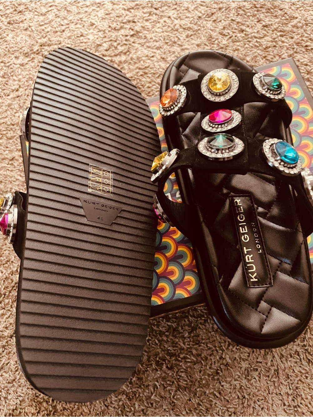 Kurt Geiger Black Quilted Slide Sandals with Multicolor Crystal Medallions - Picture 4 of 5